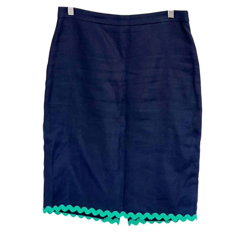 EUC J. Crew Navy Linen Pencil Skirt With Green Scallop Trim